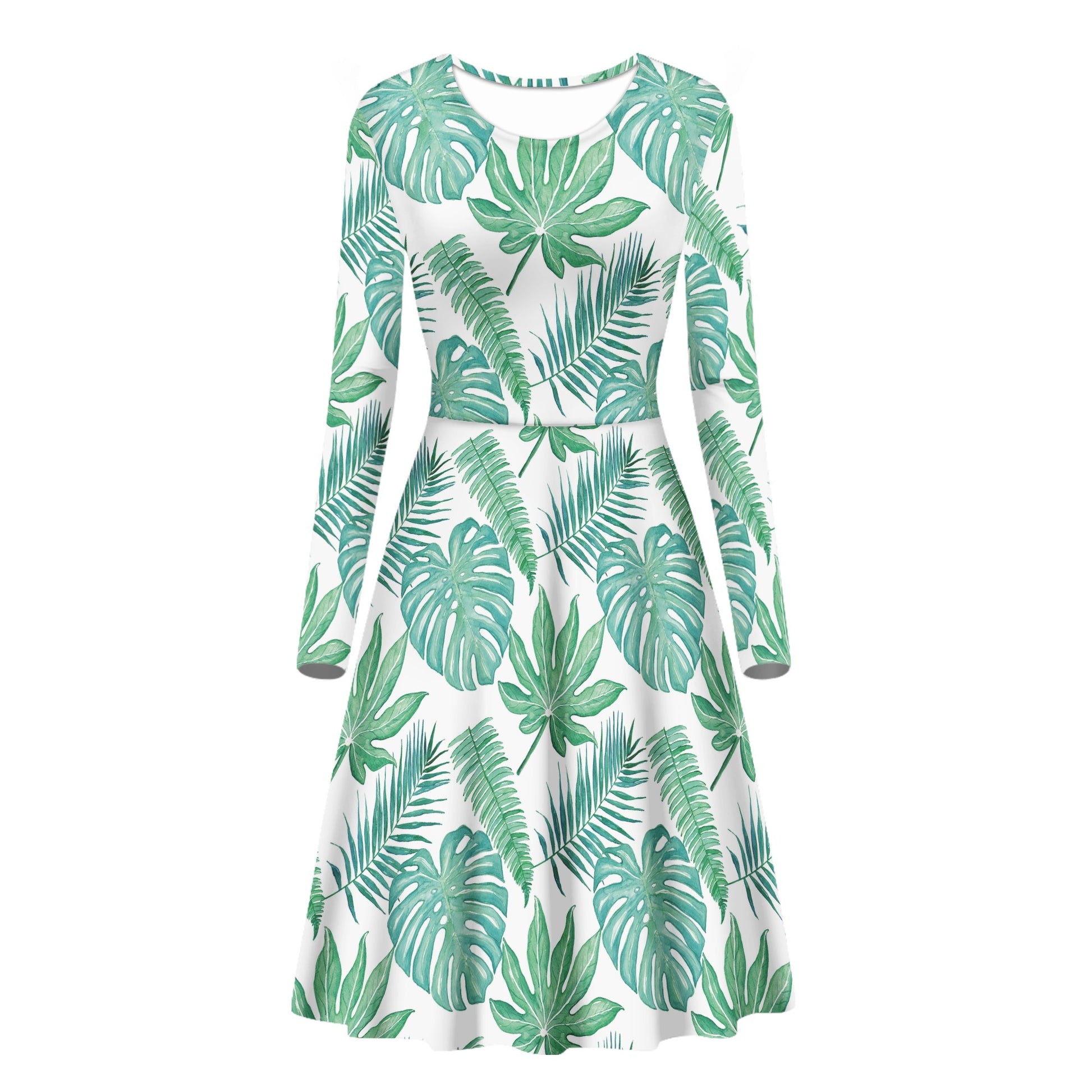 Palm and Monstera Leaf Green Pattern Women Scoop Neck Long Sleeve Ruffle Dress Women