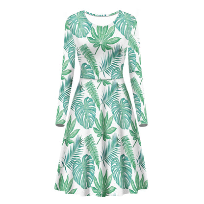 Palm and Monstera Leaf Green Pattern Women Scoop Neck Long Sleeve Ruffle Dress Women