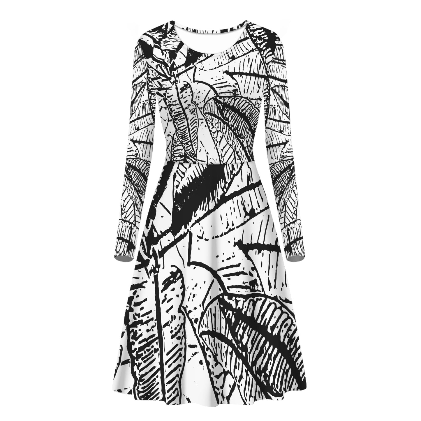 Black and White Croton Women Scoop Neck Long Sleeve Ruffle Dress Women