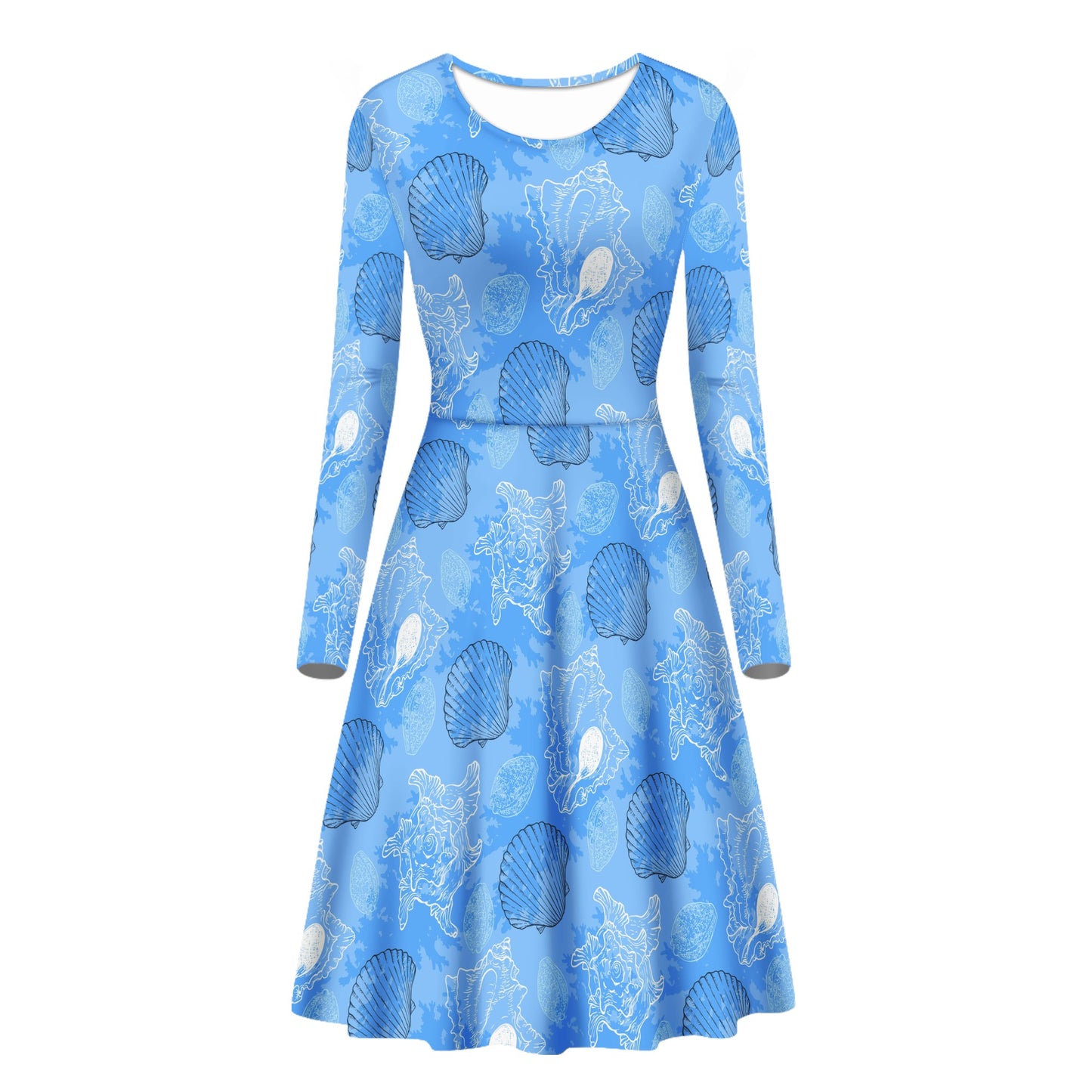 Blue Seashell Ocean Women Scoop Neck Long Sleeve Ruffle Dress Women