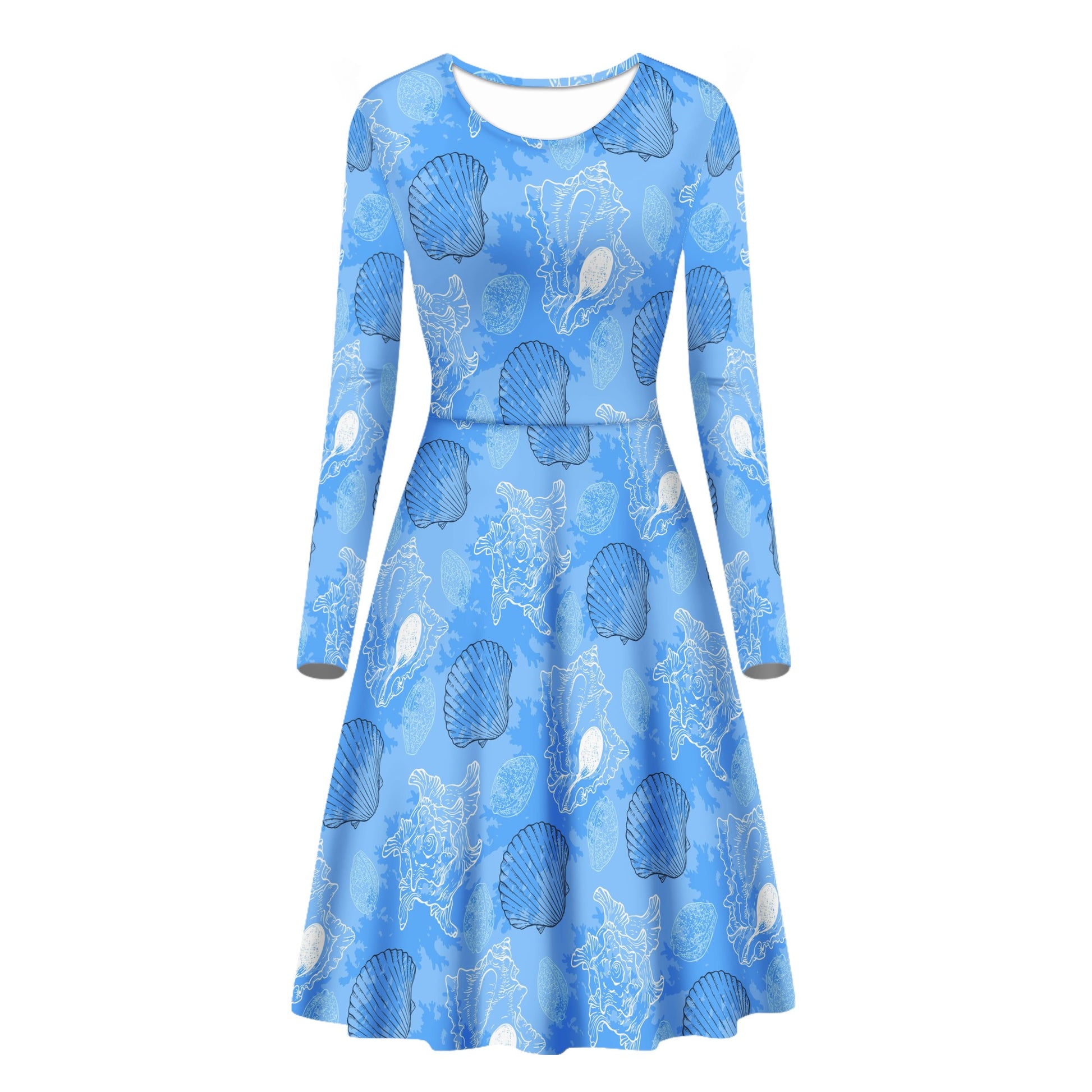 Blue Seashell Ocean Women Scoop Neck Long Sleeve Ruffle Dress Women