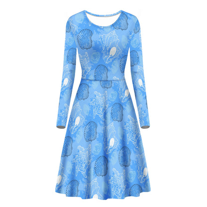 Blue Seashell Ocean Women Scoop Neck Long Sleeve Ruffle Dress Women