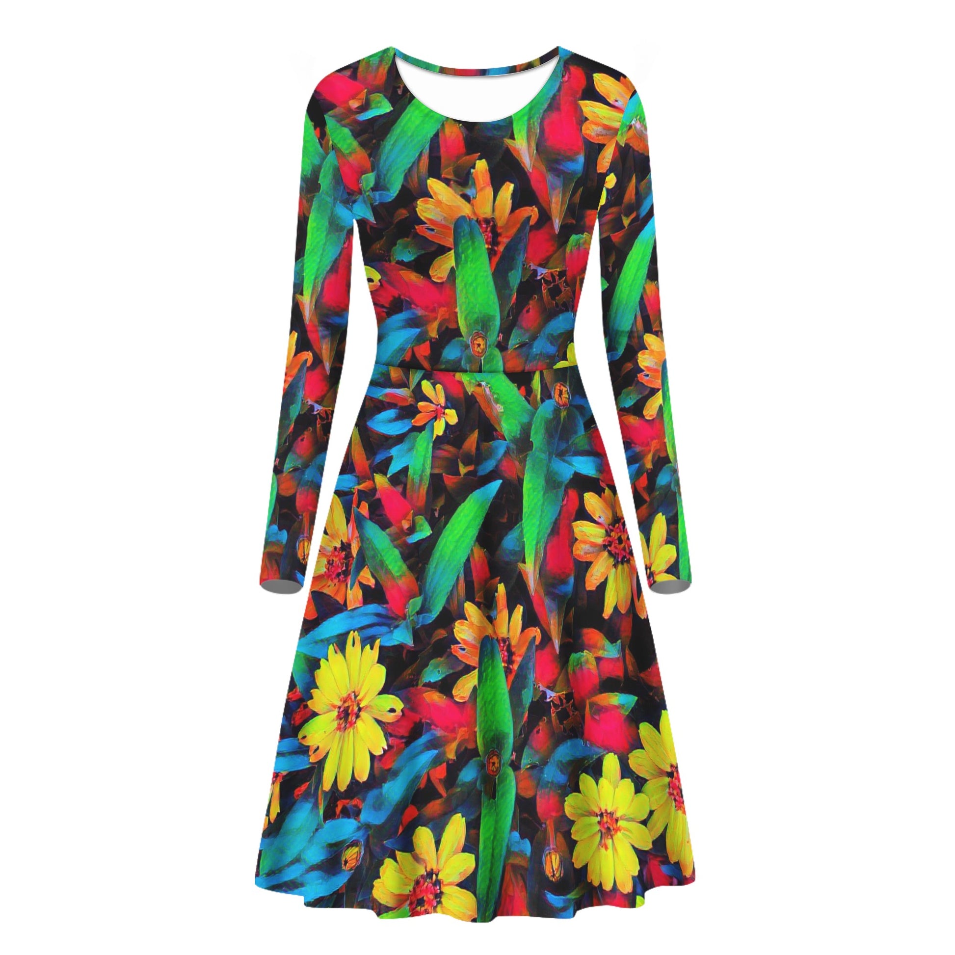 Colorful Daisies Women Scoop Neck Long Sleeve Ruffle Dress Women