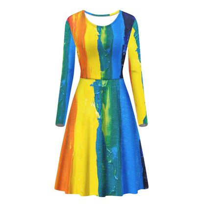 Rainbow Painting Women Scoop Neck Long Sleeve Ruffle Dress Women