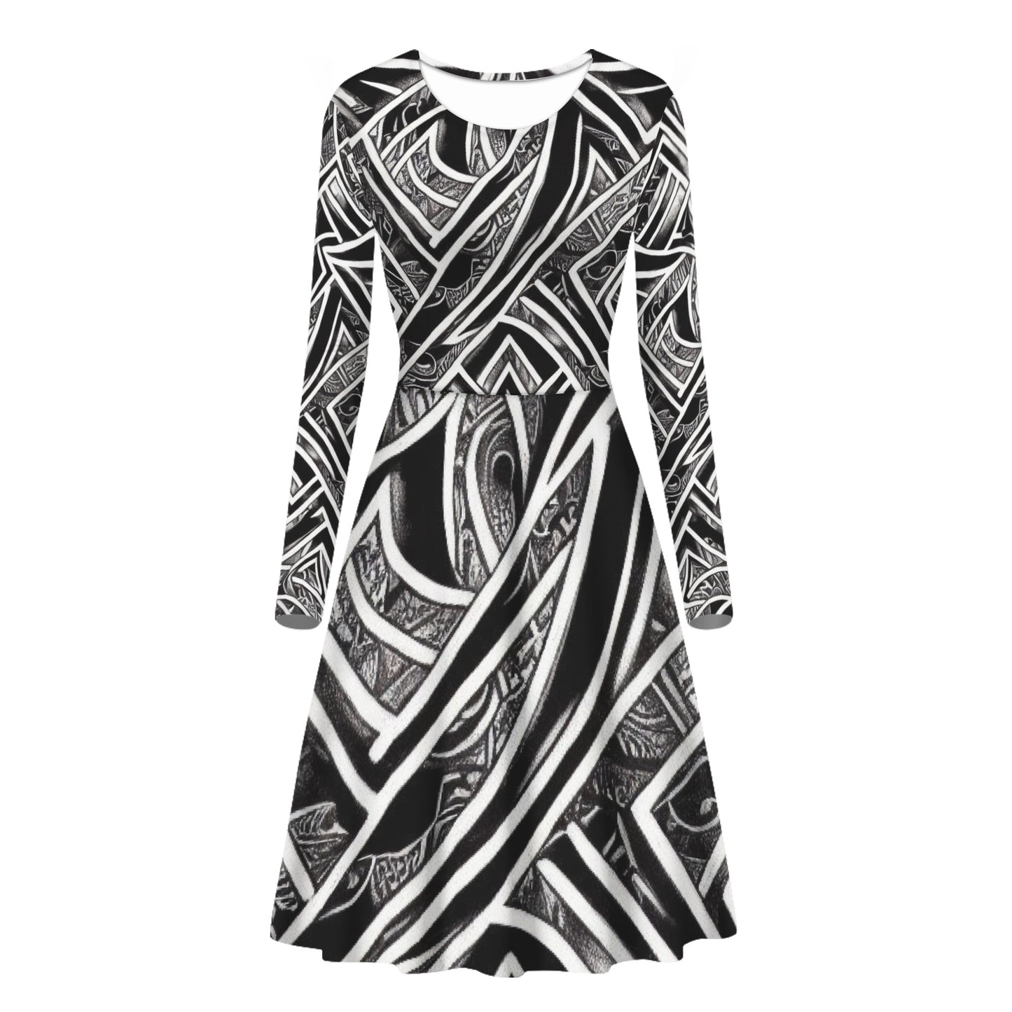 Black and White Polynesian Long Sleeve Scoop Neck Ruffle Dress - Women's Custom Dress