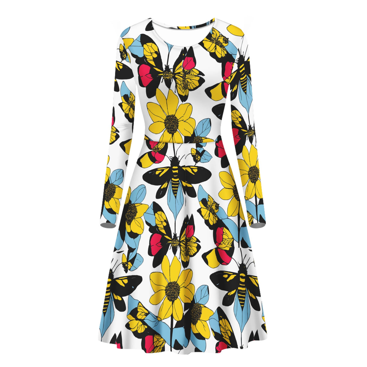 Bees and Sunflowers Long Sleeve Scoop Neck Ruffle Dress - Women's Custom Dress Women