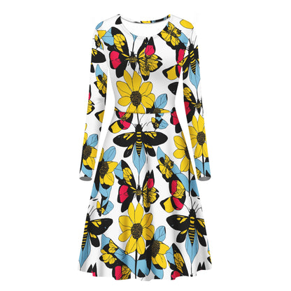 Bees and Sunflowers Long Sleeve Scoop Neck Ruffle Dress - Women's Custom Dress Women