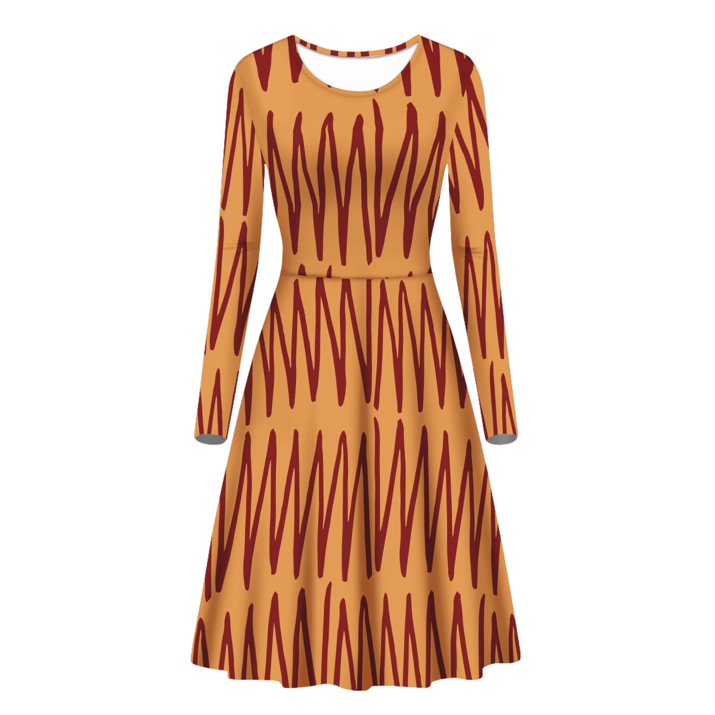 African Ethnic Mudcloth Orange Long Sleeve Scoop Neck Ruffle Dress - Women's Custom Dress Women
