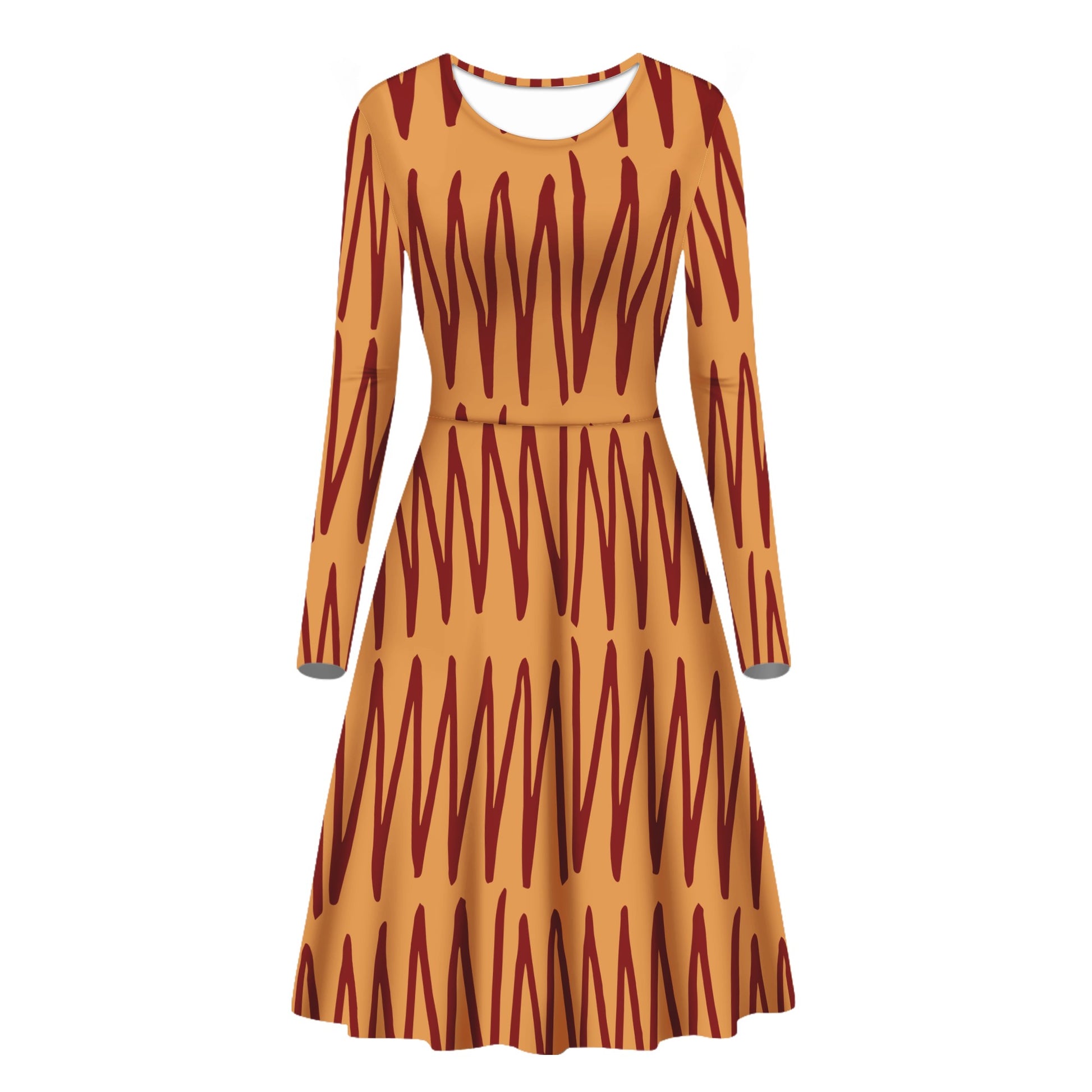 African Ethnic Mudcloth Orange Long Sleeve Scoop Neck Ruffle Dress - Women's Custom Dress Women