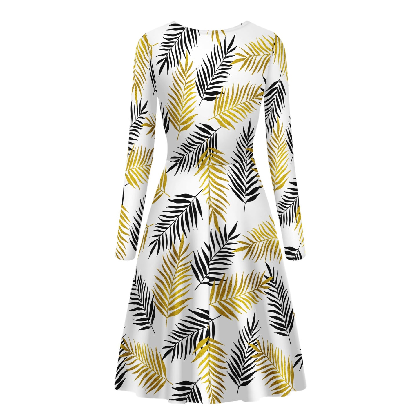 Black and Gold Palm Branches Women Scoop Neck Long Sleeve Ruffle Dress