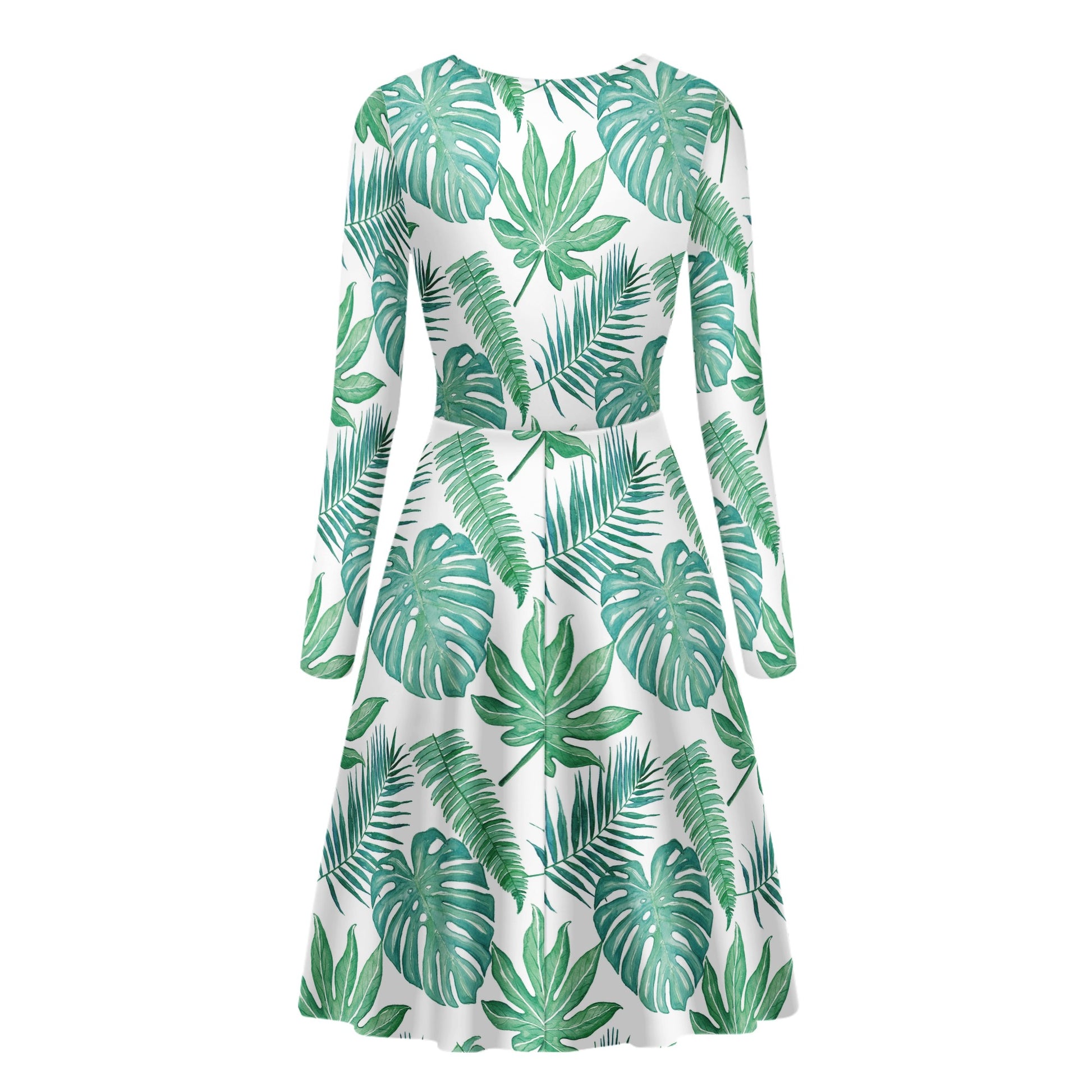 Palm and Monstera Leaf Green Pattern Women Scoop Neck Long Sleeve Ruffle Dress