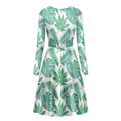 Palm and Monstera Leaf Green Pattern Women Scoop Neck Long Sleeve Ruffle Dress