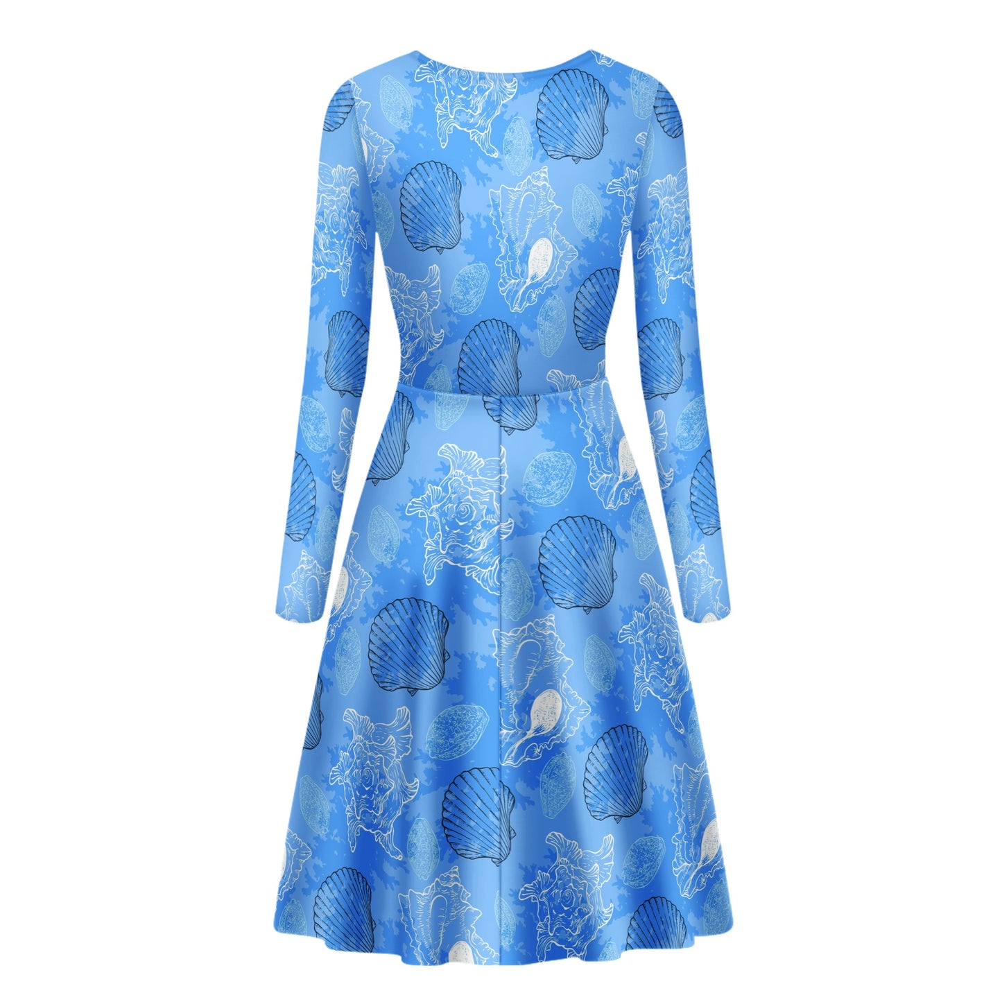 Blue Seashell Ocean Women Scoop Neck Long Sleeve Ruffle Dress