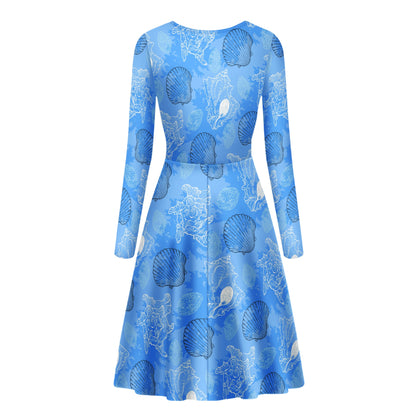 Blue Seashell Ocean Women Scoop Neck Long Sleeve Ruffle Dress