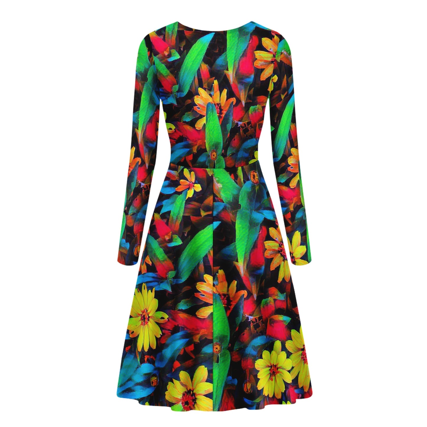 Colorful Daisies Women Scoop Neck Long Sleeve Ruffle Dress