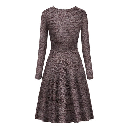 African Ethnic Mudcloth Long Sleeve Scoop Neck Ruffle Dress - Women's Custom Dress