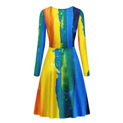 Rainbow Painting Women Scoop Neck Long Sleeve Ruffle Dress