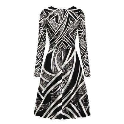 Black and White Polynesian Long Sleeve Scoop Neck Ruffle Dress - Women's Custom Dress