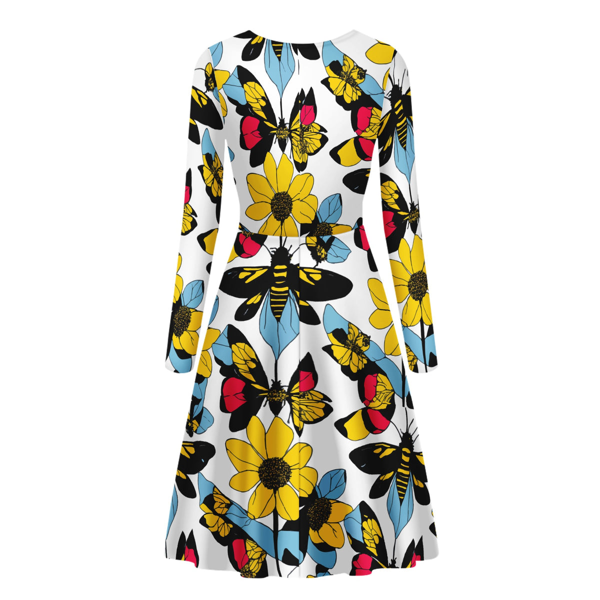 Bees and Sunflowers Long Sleeve Scoop Neck Ruffle Dress - Women's Custom Dress