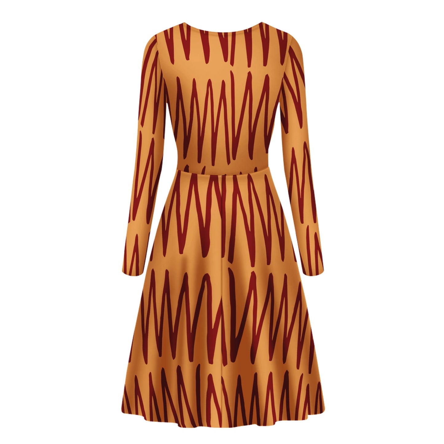 African Ethnic Mudcloth Orange Long Sleeve Scoop Neck Ruffle Dress - Women's Custom Dress