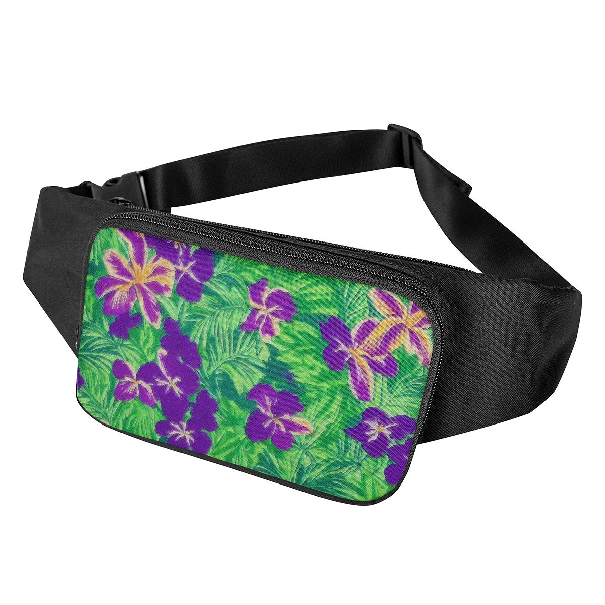 Blue Flag Iris on Green Waist Bags - Luxtrini, LLC