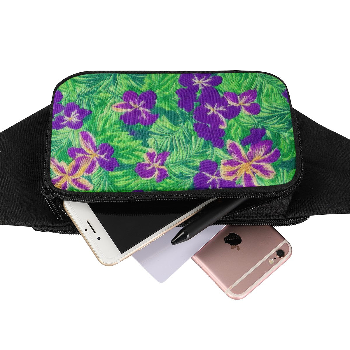 Blue Flag Iris on Green Waist Bags - Luxtrini, LLC