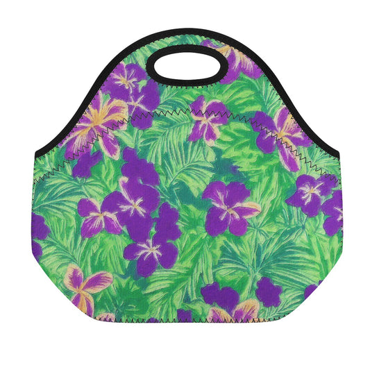 Blue Flag Iris on Green Neoprene Lunch Bags - Luxtrini, LLC