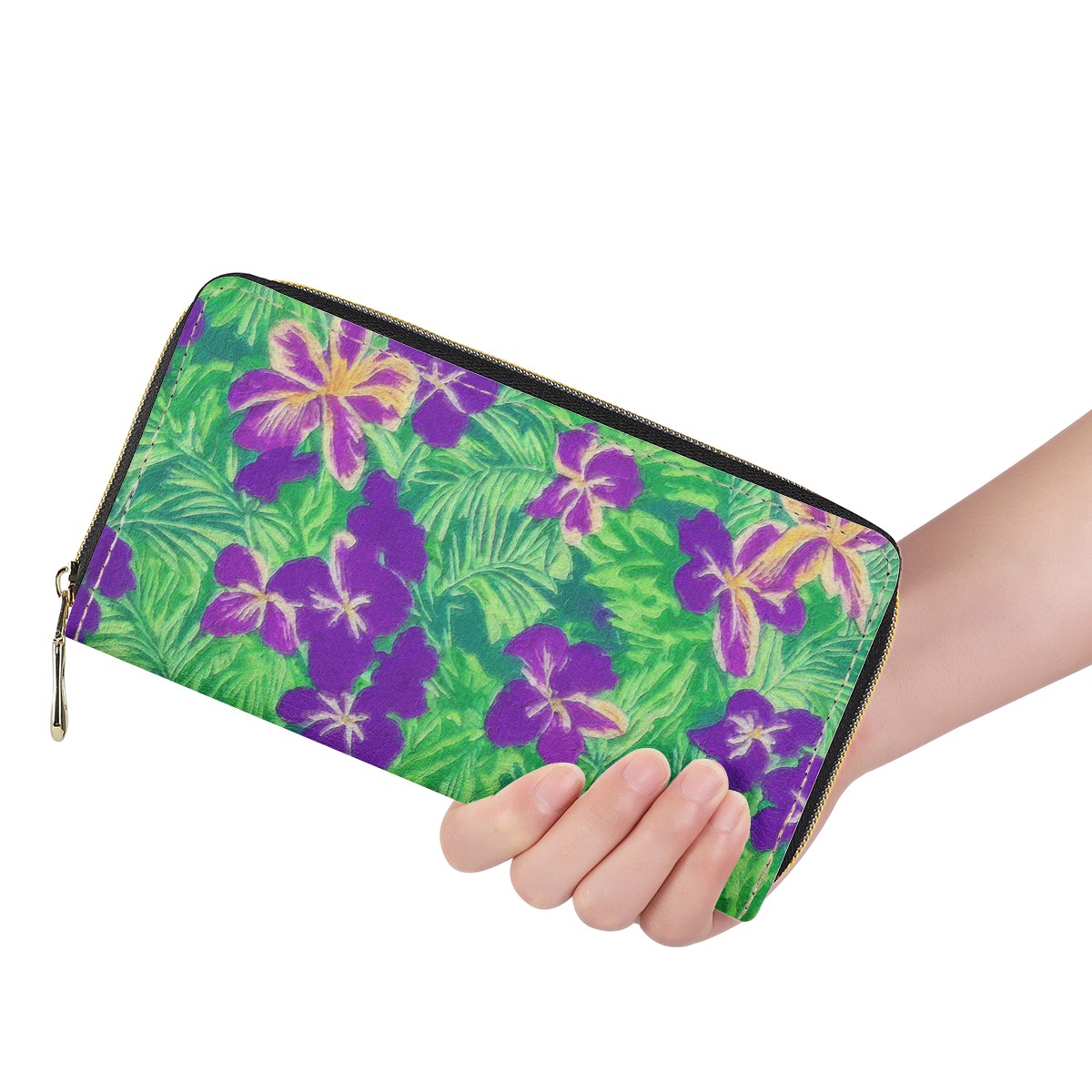 Blue Flag Iris on Green L Zipper Purse - Luxtrini, LLC