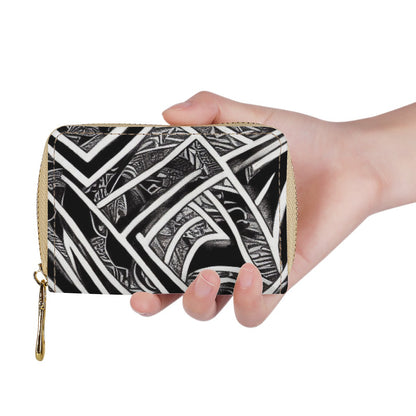 Black and White Polynesian Zipper Card Holder - PU Leather Waterproof Card Holder with 20 Card Slots