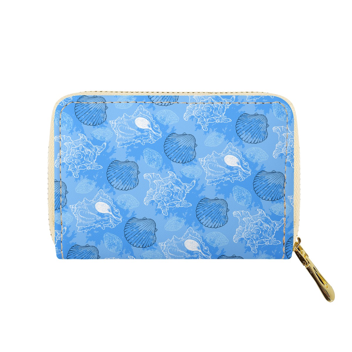 Blue Seashell Ocean Zipper Card Holder - PU Leather Waterproof Card Holder with 20 Card Slots