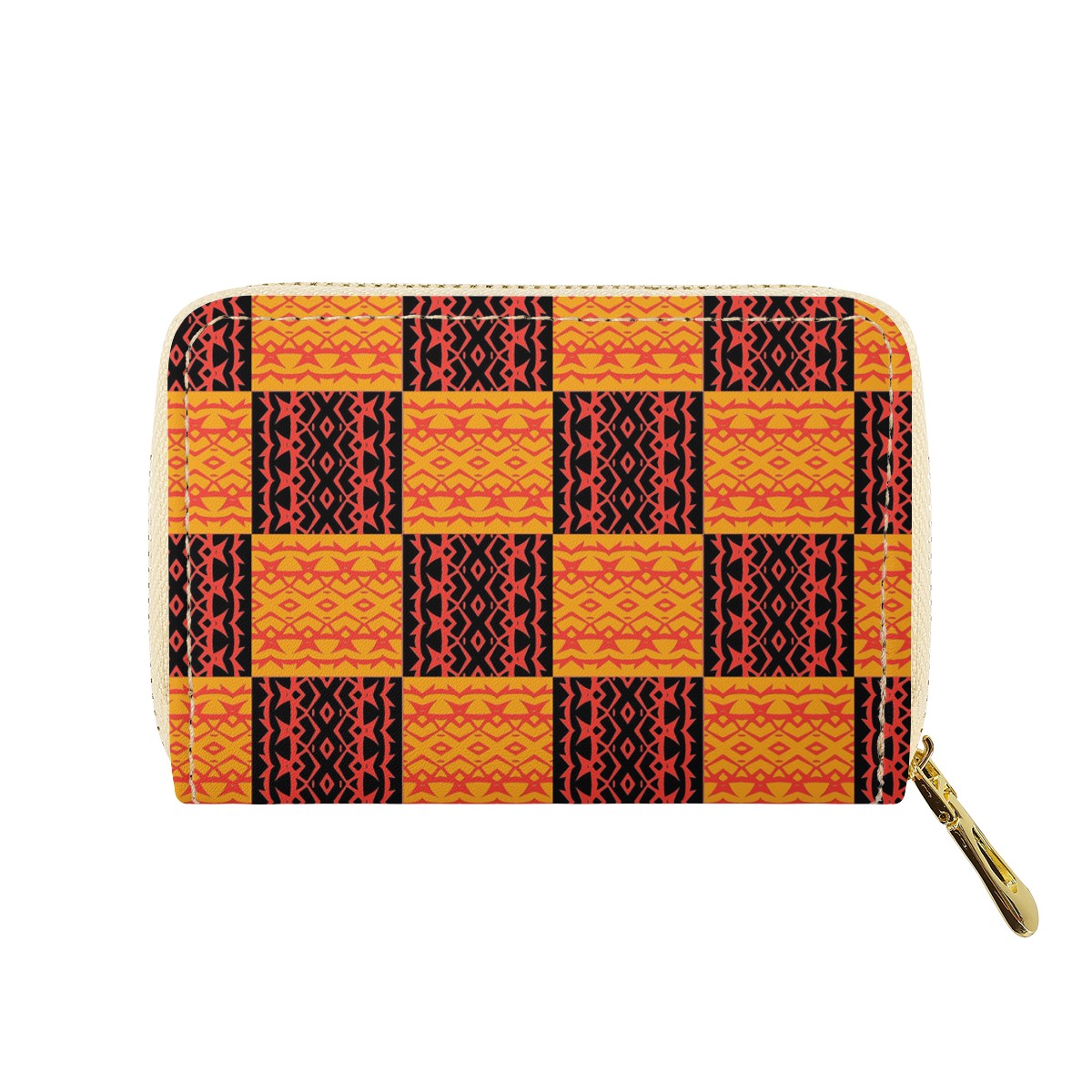 Black and Orange Tribal Design Zipper Card Holder - PU Leather Waterproof Card Holder with 20 Card Slots