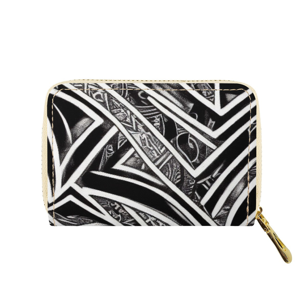 Black and White Polynesian Zipper Card Holder - PU Leather Waterproof Card Holder with 20 Card Slots