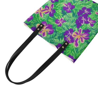 Blue Flag Iris on Green PU Leather Handbags - Luxtrini, LLC