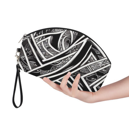 Black and White Polynesian Stylish and Portable PU Leather Curve Cosmetic Bag with Removable Handles