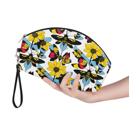 Bees and Sunflowers Stylish and Portable PU Leather Curve Cosmetic Bag with Removable Handles