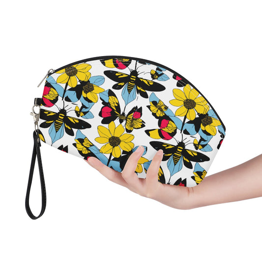 Bees and Sunflowers Stylish and Portable PU Leather Curve Cosmetic Bag with Removable Handles