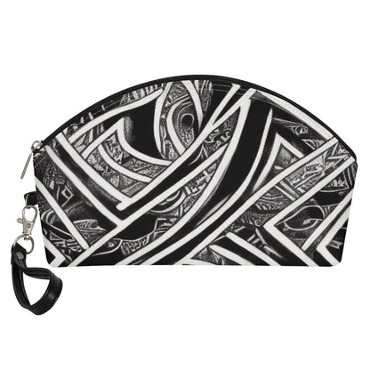 Black and White Polynesian Stylish and Portable PU Leather Curve Cosmetic Bag with Removable Handles