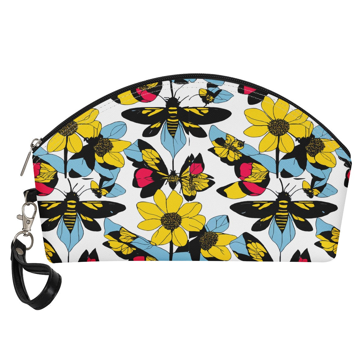 Bees and Sunflowers Stylish and Portable PU Leather Curve Cosmetic Bag with Removable Handles