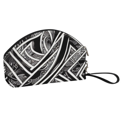 Black and White Polynesian Stylish and Portable PU Leather Curve Cosmetic Bag with Removable Handles