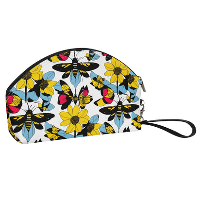 Bees and Sunflowers Stylish and Portable PU Leather Curve Cosmetic Bag with Removable Handles