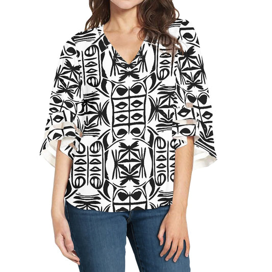 African Mudcloth Women Puff Sleeve Blouse white