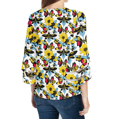 Bees and Butterflies Women Puff Sleeve Blouse
