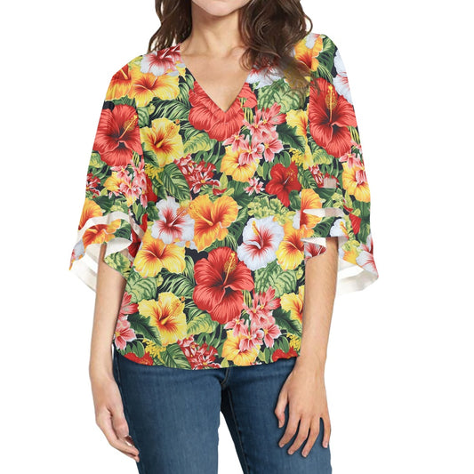 Hibiscus Women Puff Sleeve Blouse white