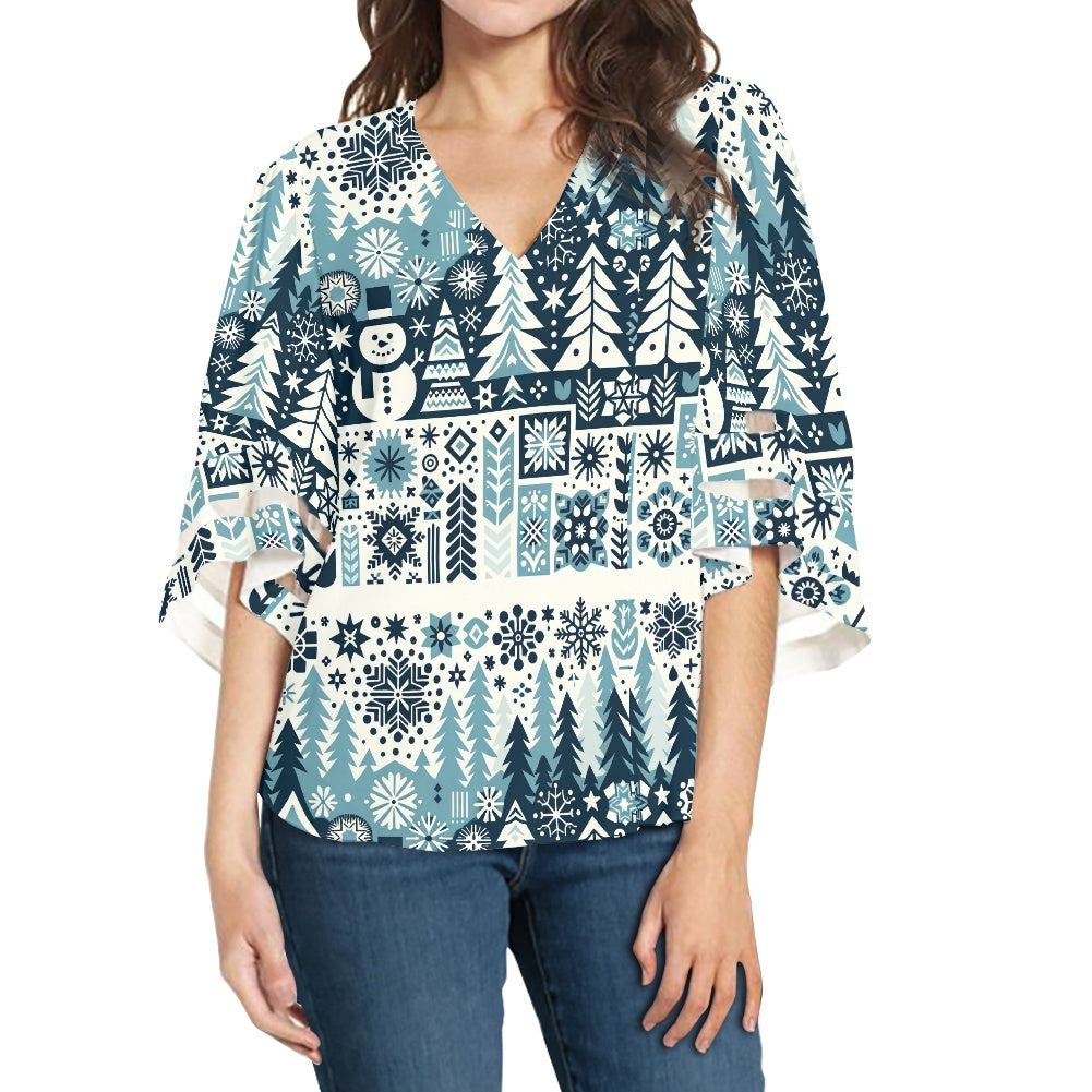 Christmas Women Puff Sleeve Blouse white