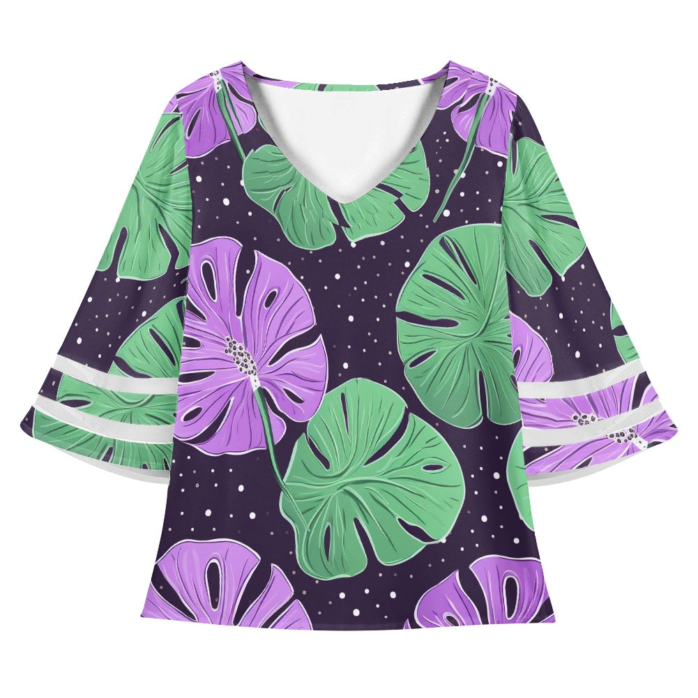 Pink and Green Monstera Women Puff Sleeve Blouse