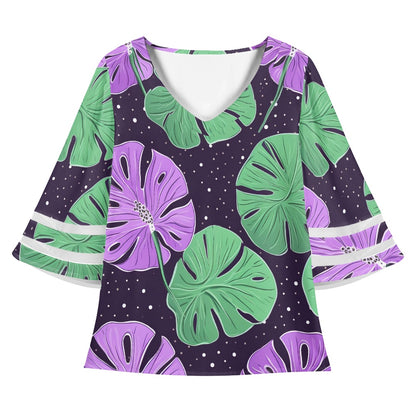 Pink and Green Monstera Women Puff Sleeve Blouse