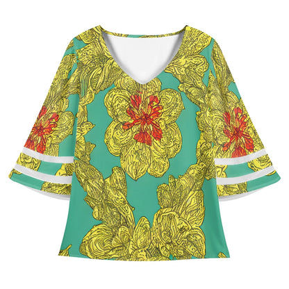Green and Gold Women Puff Sleeve Blouse