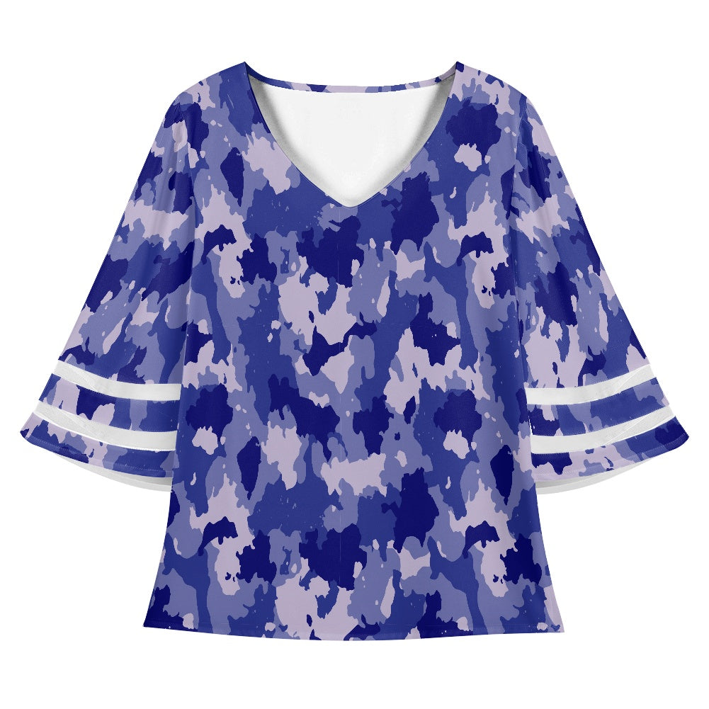 Blue Camo Women Puff Sleeve Blouse