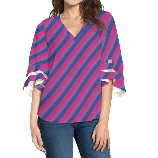 Purple Stripes Women Puff Sleeve Blouse white