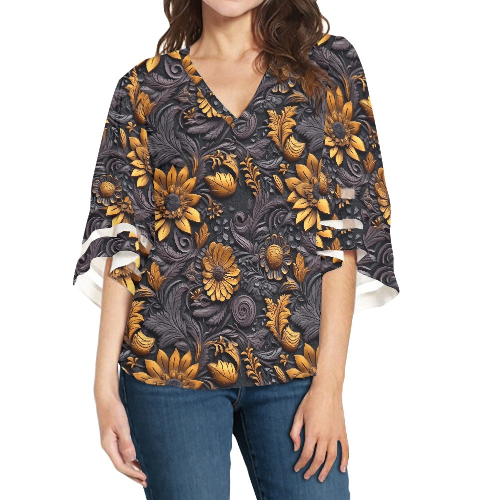 Woodcut Women Puff Sleeve Blouse white